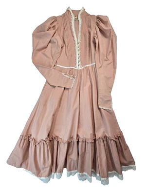 Gunne Sax Jessica McClintock Vintage 70s Pink Lace Pearl Puff Maxi Dress Medium - Image 1 of 4