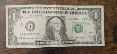 $1 Binary 77667676 Fancy Serial Number One Dollar Bill 2013  near super repeater - Image 1 of 2