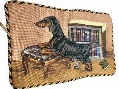 NWT Dachshund Dog Pet Needlepoint Pillow Cover 18 X 11" Piping Zipper Solid Back - Image 1 of 4