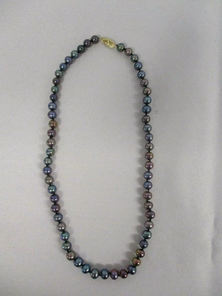 GENUINE BLUE GREEN & APRICOT PEARL CHOKER NECKLACE w 14K FIC GOLD CLASP 15 1/2" - Image 1 of 4