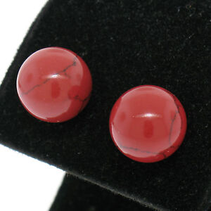 NEW .925 Sterling Silver 10mm Round Red Coral Ball Stud Earrings Simple Studs