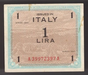 1943 Italy 1 Lira WWII Allied Military Currency P-M10 AU - Picture 1 of 2