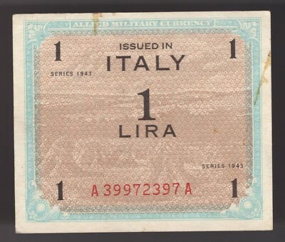 1943 Italy 1 Lira WWII Allied Military Currency   P-M10 AU - Image 1 of 2