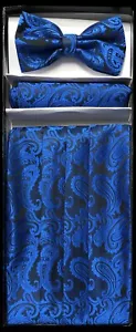 New Paisley Royal Blue Men's Cummerbund And Bow tie & Pocket Square Hanky Set - Picture 1 of 1