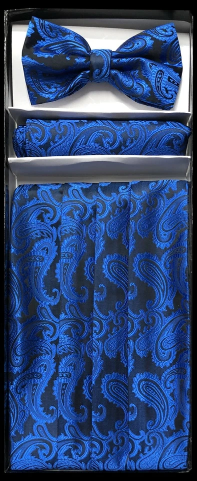 Nuevo Paisley Azul Real Para Hombre Cummerbund Y Pajarita y Bolsillo Cuadrado Pañuelo Conjunto Foto 1 de 1