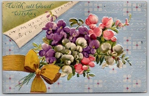 Postcard With all Good Wishes Hyacinth Bean Flower Bouquet Yellow Bow Embossed - Imagen 1 de 2