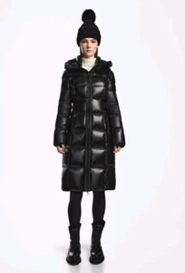 NWT RUDSAK VENICE S GLOSSY BELTED MAXI HOODED DOWN PUFFER  BLACK MSRP $995 - Picture 1 of 23