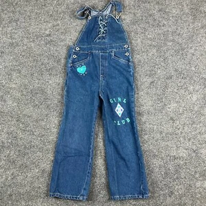 Vintage  Faded Glory Overalls Girls Club Size 6 Blue Denim Heart Graphic Straps - Picture 1 of 9
