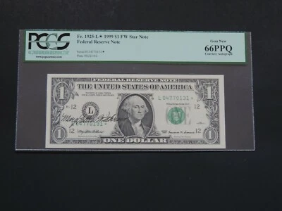 1999 -$1 STAR FW-FEDERAL RESERVE ( L )  COURTESY AUTOGRAPH -PCGS -GEM NEW 66 PPQ - Image 1 of 2