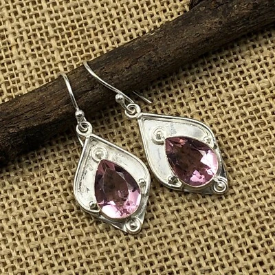 Pendientes colgantes/gotas de piedras preciosas de kuncita natural rosa joyería de plata de ley 925 Foto 1 de 4