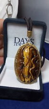 Large Old Carved Chinese Pierced Tiger Eye Pendant Filigree Necklace  1c 3