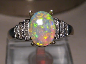 Gem Opal &  Diamond Ring , Solid 14 k white  Gold  , Lightning Ridge  GEM OPAL - Picture 1 of 10