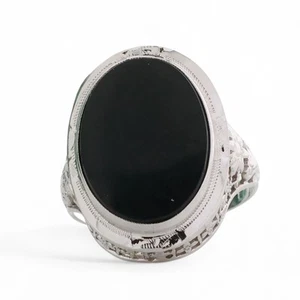Vintage Filigree Black Onyx Signet Ring 14K White Gold Oval Gem Size 4.75 Estate - Picture 1 of 8