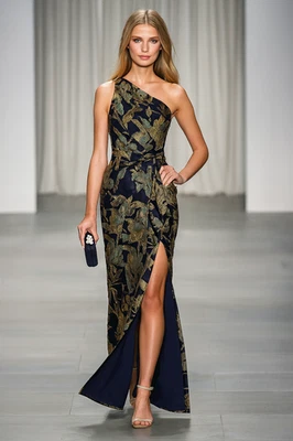 Vestido jacquard Adrianna Papell um ombro tamanho 10 azul dourado formatura gala MOB - Imagem 1 de 4