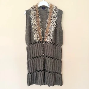 Unikat Boho Pullover Weste Damen 1X Wolle Lang Kunstfell Häkel Hippie Landhaus Kunst - Bild 1 von 9