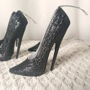 Set Of 7 Black Stiletto High Heel Shoe Christmas Ornaments Sparkly Metallic - Picture 1 of 7