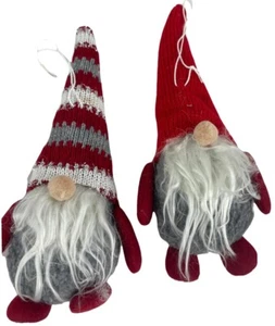 Set Of 2 Gnome Pixie Christmas Tree Ornament Red Gray - Picture 1 of 5