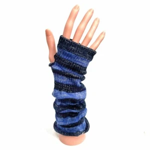 Knitted Long Fingerless Gloves - Blue/Black Stripe Sparkle - Winter Christmas - Picture 1 of 1