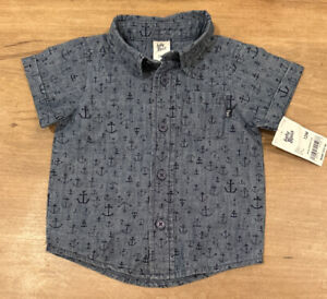 OshKosh Baby B'Gosh 12M Blue Chambray Anchor Print Button Up Shirt Short Sleeve