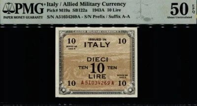 1943A ITALIA MONEDA MILITAR ALIADA 10 LIRAS PMG 50 EPQ APROXIMADAMENTE SIN CIRCULAR PICK M11a Foto 1 de 2
