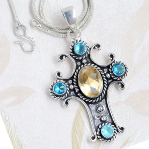Citrine Topaz & Blue Topaz Gemstone 925 Sterling Silver Christmas Cross Pendant - Picture 1 of 8