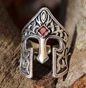 Spartan Helmet Design With Garnet Stone Solid 925 Sterling Silver Men's Ring - Picture 1 of 5