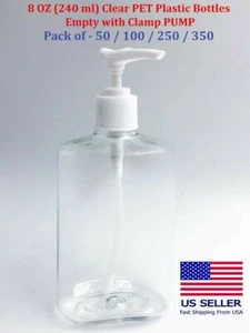 PET Plastic Bottles Empty Bottles with Clamp PUMP 8 OZ 240 ml Clear Lightweight - Picture 1 of 4