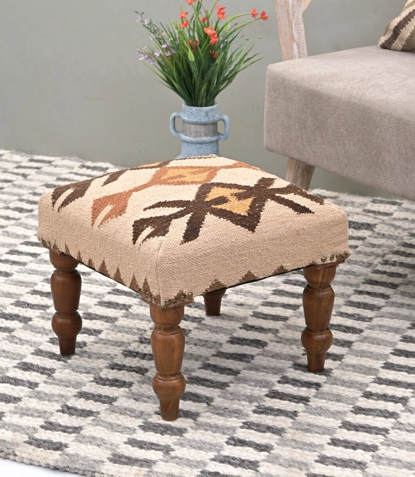 Handcrafted Acacia Wood Stool | Decorative Kilim Upholstered Pouf Footstool - Image 1 of 4