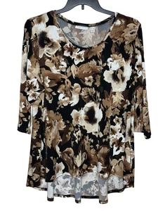 Susan Graver flüssiger Strick braun weiß Blumendruck Tunika Top Shirt Plus Größe 2X - Bild 1 von 8