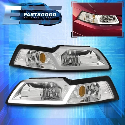 For 99-04 Ford Mustang GT SVT LED DRL Chrome Amber Headlights Lamps Left+Right - Image 1 of 4