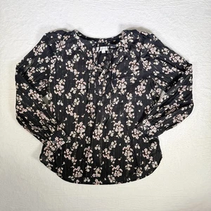 LOFT Women's Blouse Black Floral Pattern W/Gold Thread Small Peasant Boho V neck - Picture 1 of 7