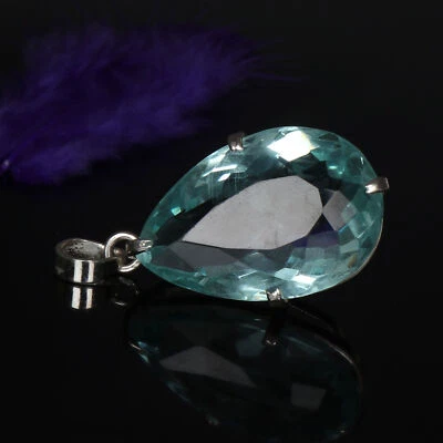 Lab Created Aquamarine 66 Ct Pear Shape Solid 925 Silver Pendant Statement Piece - Image 1 of 4