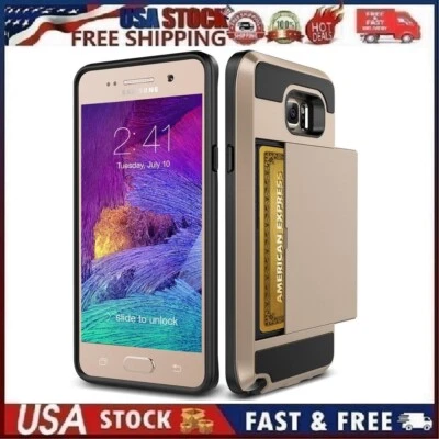 Samsung Galaxy Note 4 Slide Card Slot Wallet Cover Slim Case Heavy Duty Gold - Image 1 of 4