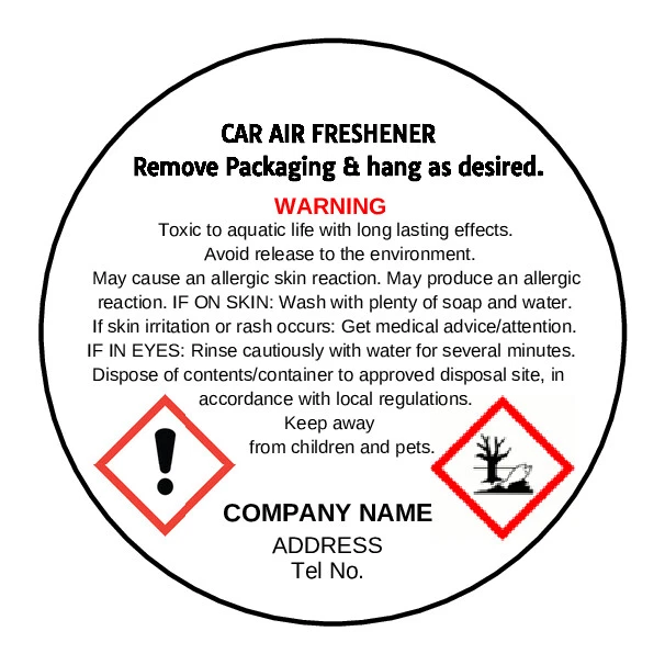 CAR AIR FRESHENER CLP-Personalised safety warning stickers labels  - Image 1 of 1