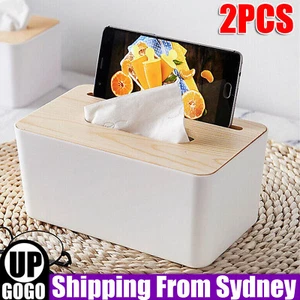 2X Tissue Box Holder Dispenser Paper Storage Napkin Case Wooden Cover Organizer - Picture 1 of 14