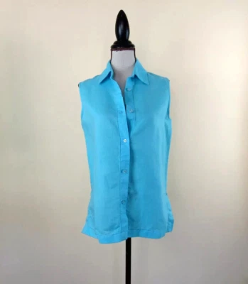 Talla: L DAVID N PETITES Azul Sin Mangas Top Cuello Abotonado Mezcla Lino Foto 1 de 4