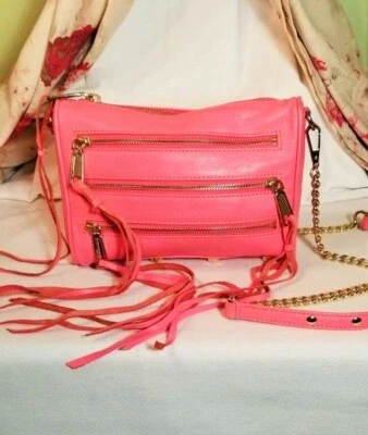 REBECCA MINKOFF*Brugada Bandolera de Cuero Guijarro con Flecos con Cremallera*Rosa*Bolso de Hombro*Pequeña Foto 1 de 4