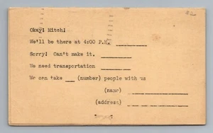 Okay Mitch RSVP Card Humor Typewritten 1930s Social Club Vintage Postcard - Picture 1 of 2