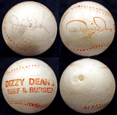 DIZZY DEAN SIGNED AUTOGRAPHED DEAN'S BEEF BURGERS FOAM BASEBALL HOF JSA LOA COA - Image 1 of 4