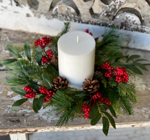 14" Lancaster Vintage Pine and Berry Candle Ring Christmas Decor