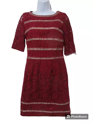Sz 4 Antonio Melani Red LACE OVERLAY Short Sleeve Bodycon Pencil Cocktail Dress - Image 1 of 4
