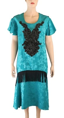 Vestido de fiesta vintage sin marca de los 80 a 20 turquesa negro con flecos talla 20 Foto 1 de 4