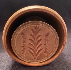 Antique WOOD WOODEN BUTTER MOLD-FERN LEAF PATTERN-Hand Carved Primitive - Picture 1 of 9
