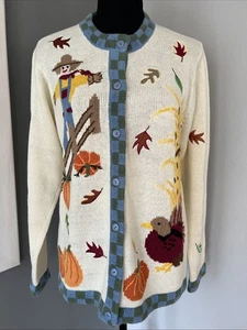 Vtg Quacker Factory Sweater Cardigan Fall Harvest Size Small Pumpkin Turkey - Picture 1 of 14