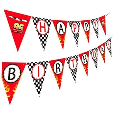 Banner de feliz cumpleaños para coche de carreras - Letrero de fiesta temático de carreras, bandera a cuadros  Foto 1 de 4