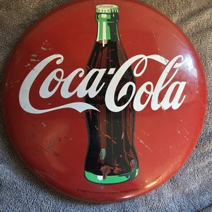 1990 Coca-Cola Company Classic Red Button Metal Coke Sign 12" Round Steel Hanger - Picture 1 of 9