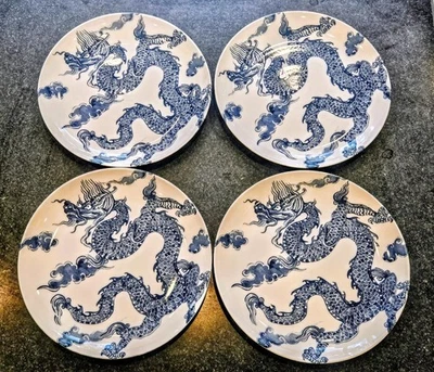 Set 4 Williams Sonoma Seoul Korean 11” Blue & White Asian Dragon Dinner Plates - Image 1 of 4