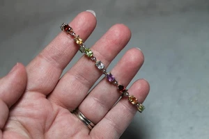 Sterling Silver Multi-Gemstone Tennis Bracelet 7 Inch Oval Rainbow Link Women - Picture 1 of 5