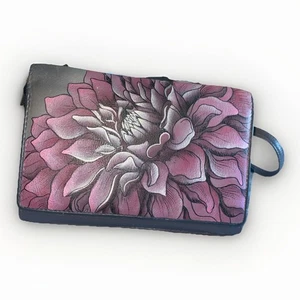 Anuschka Leder handbemalt Clutch Umhängetasche Dahlie Blumen lila rosa - Bild 1 von 11