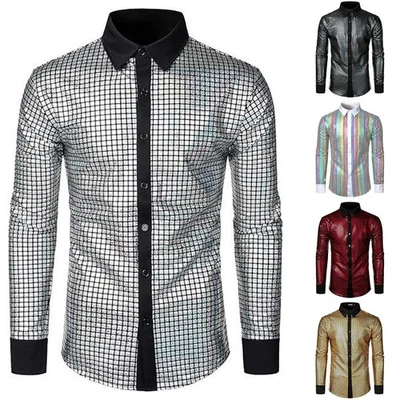 Men's Sequin Glitter Long Sleeve Shirt for 70s Disco Party Costume Performance - Image 1 of 4